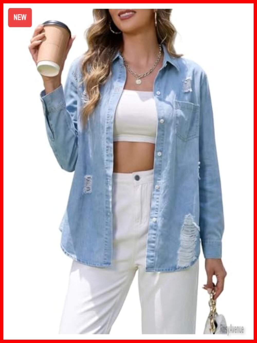 Women's Long Sleeve Button Down Denim Shirt Collared Blouse